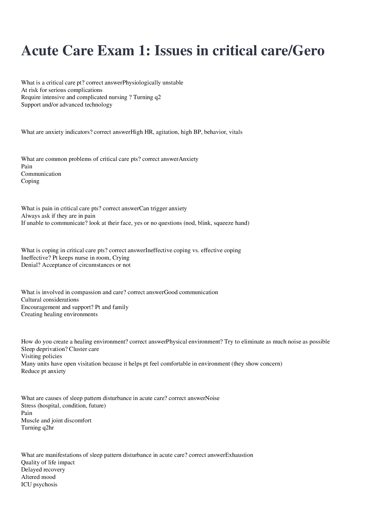 Acute Care Exam 1 2022/2023 with 100 correct answers